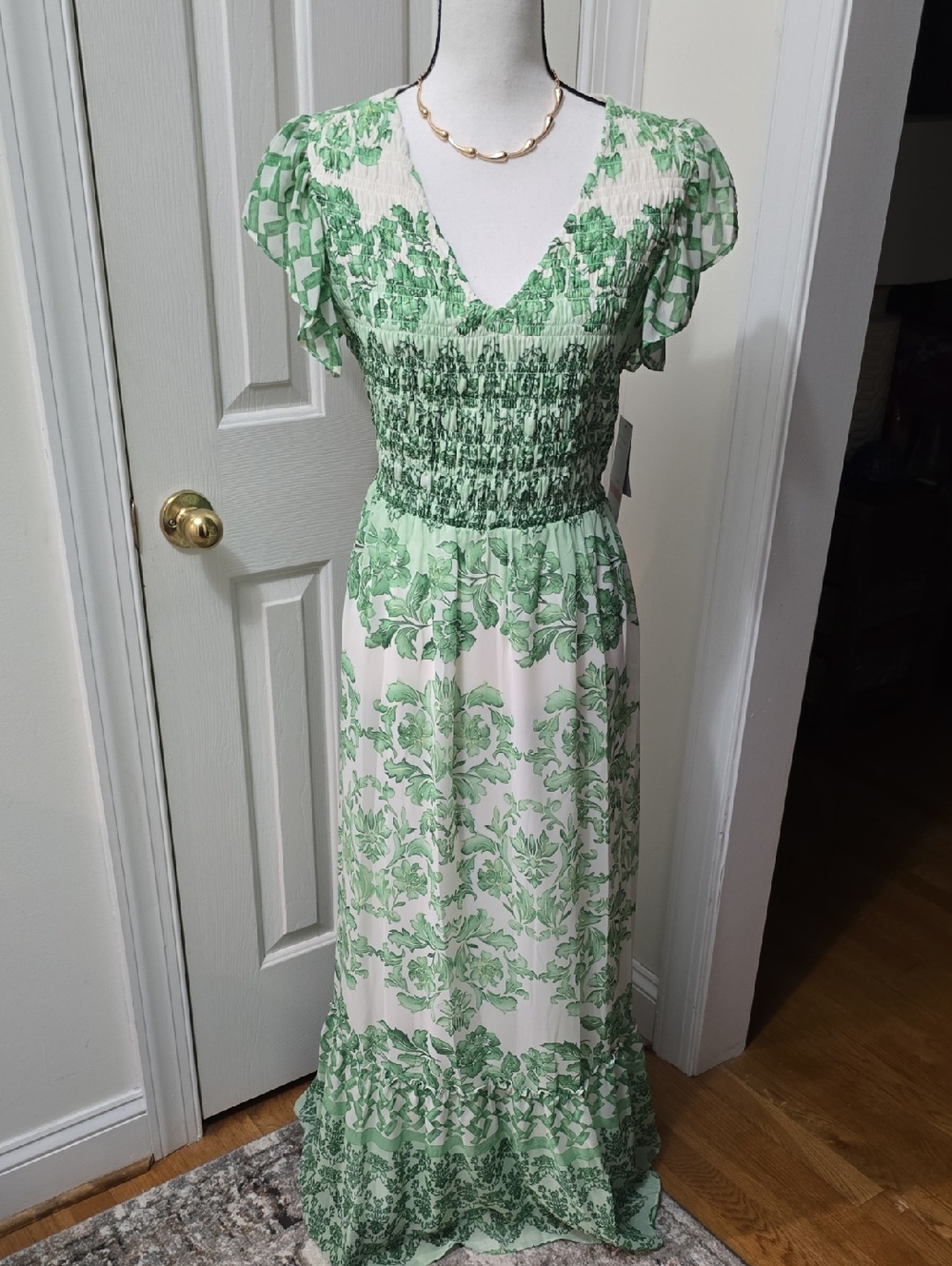 MAISON TARA BRAND WOMEN'S LONG GREEN FLORAL SHORT SLEEVES DRESS SIZE 10
